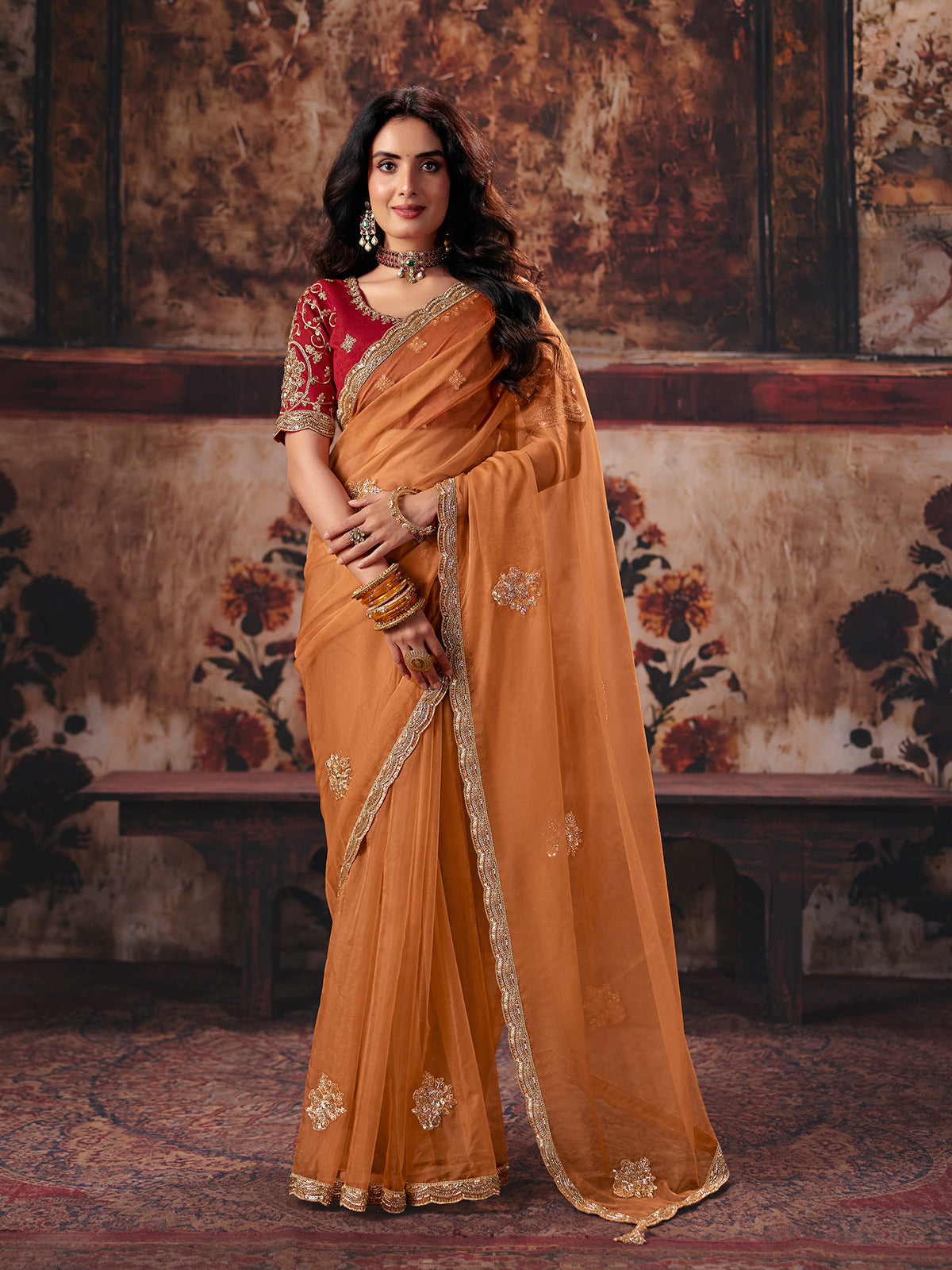 Rust orange floral organza women saree