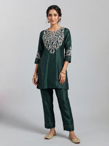 Bottle green silk kurti set with resham and embroidery