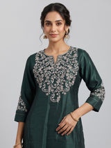 Bottle green silk kurti set with resham and embroidery