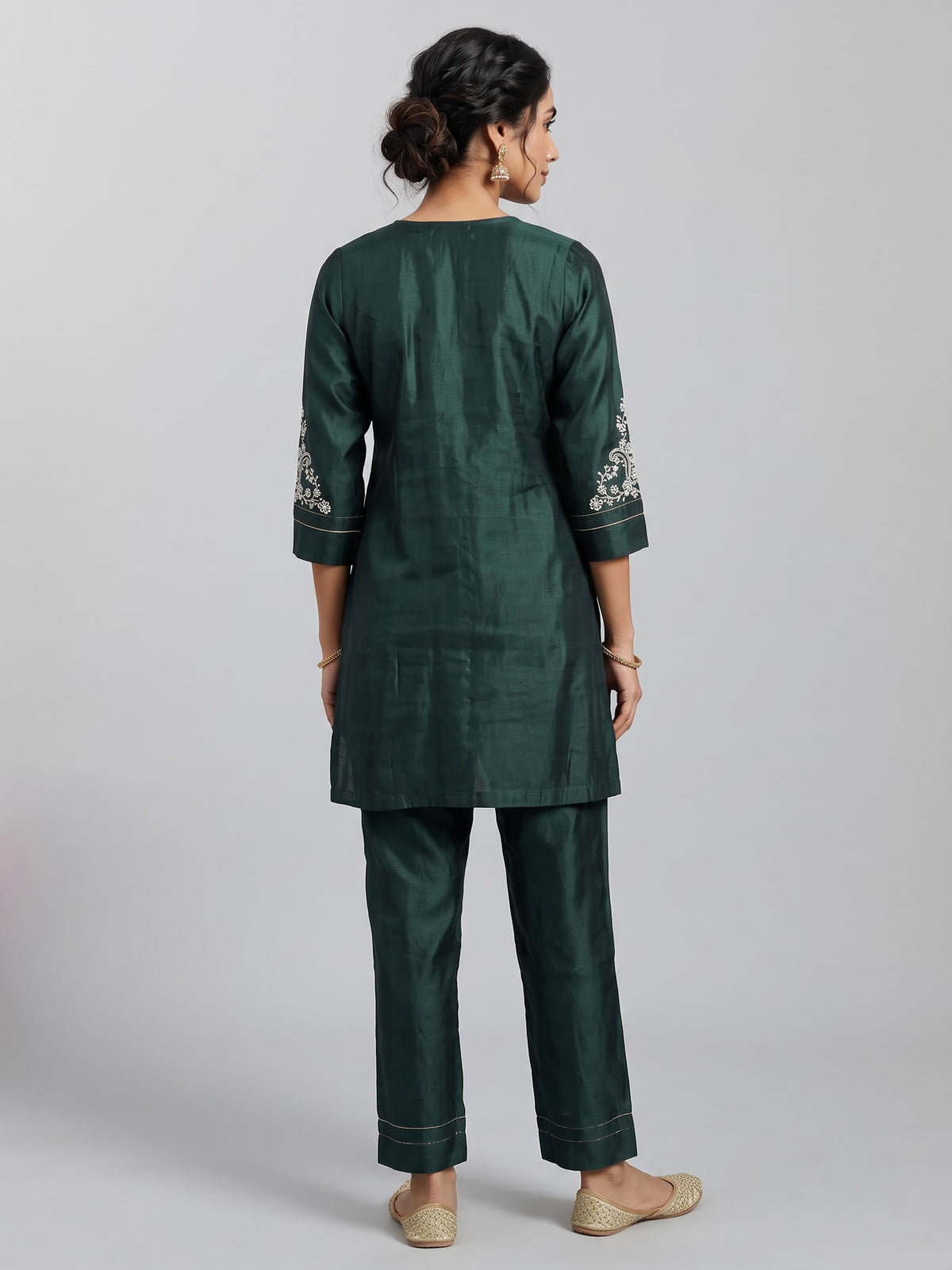 Bottle green silk kurti set with resham and embroidery