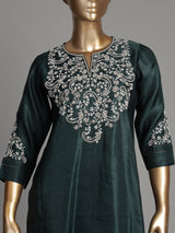 Bottle green silk kurti set with resham and embroidery