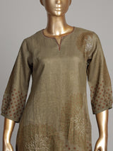 Olive cotton silk kurti set with floral print