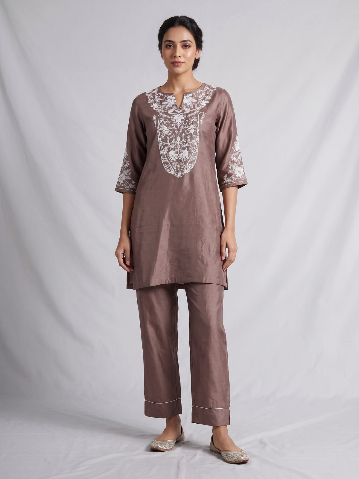 Pastel brown silk kurti set with white embroidery