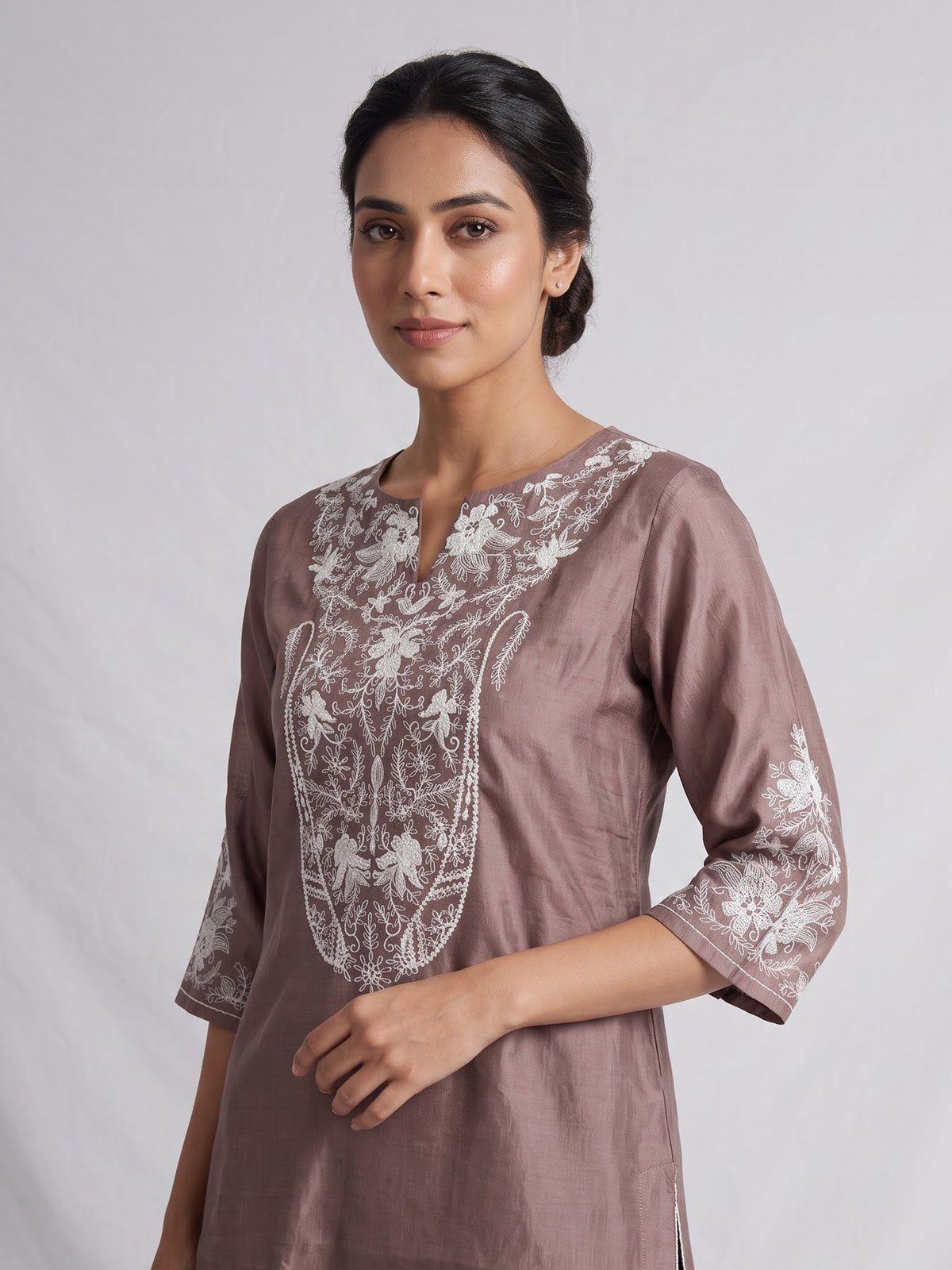Pastel brown silk kurti set with white embroidery