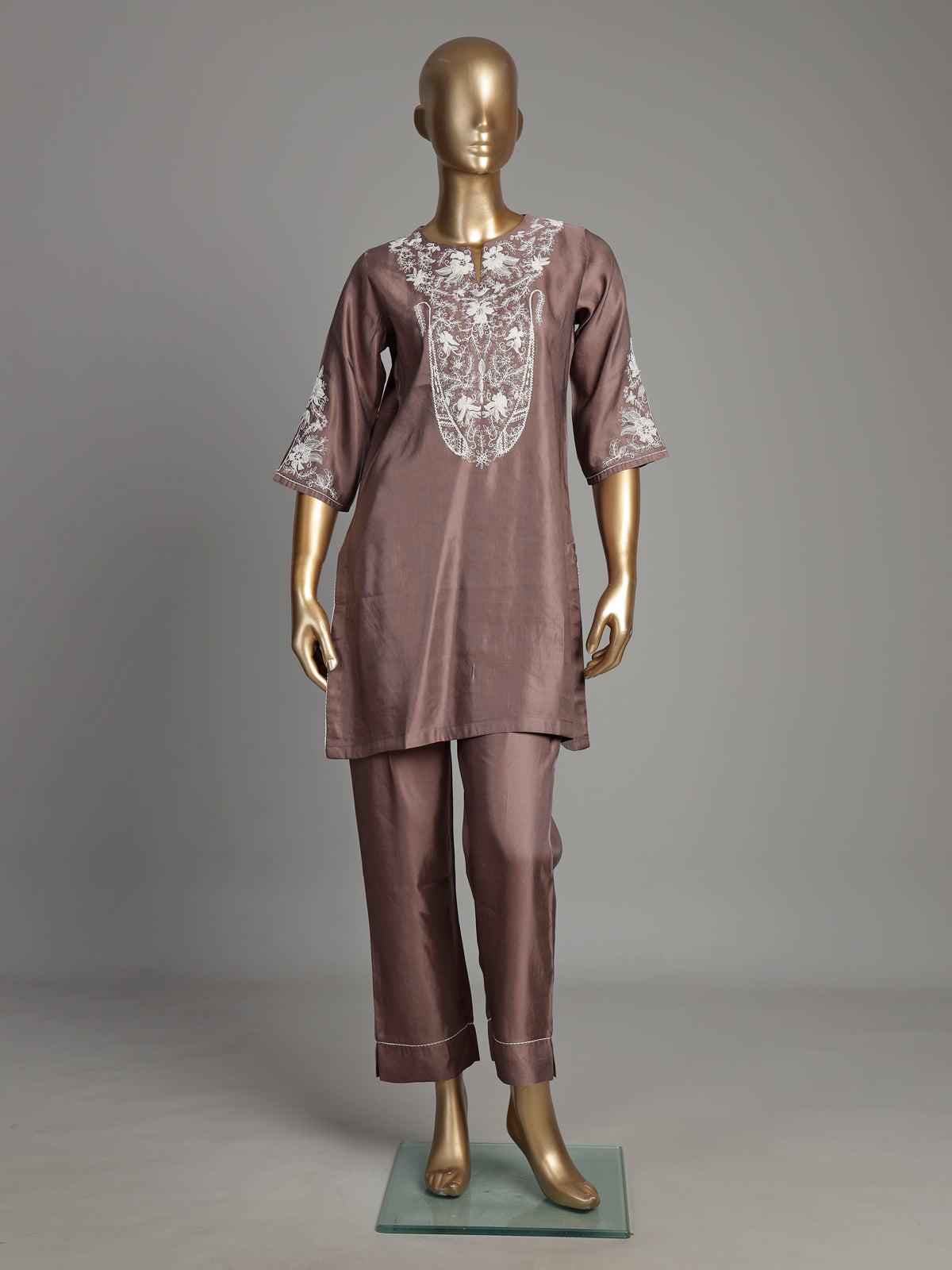 Pastel brown silk kurti set with white embroidery