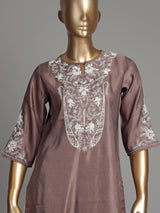 Pastel brown silk kurti set with white embroidery