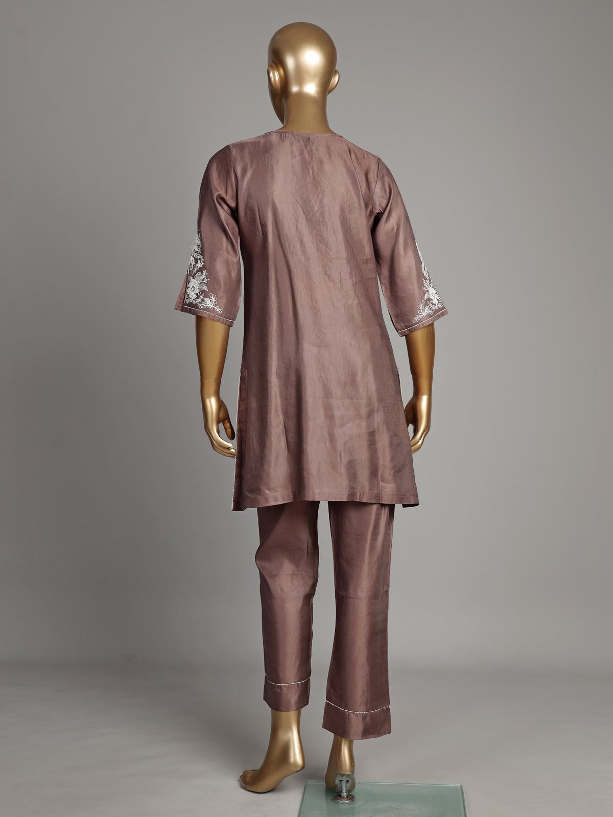 Pastel brown silk kurti set with white embroidery