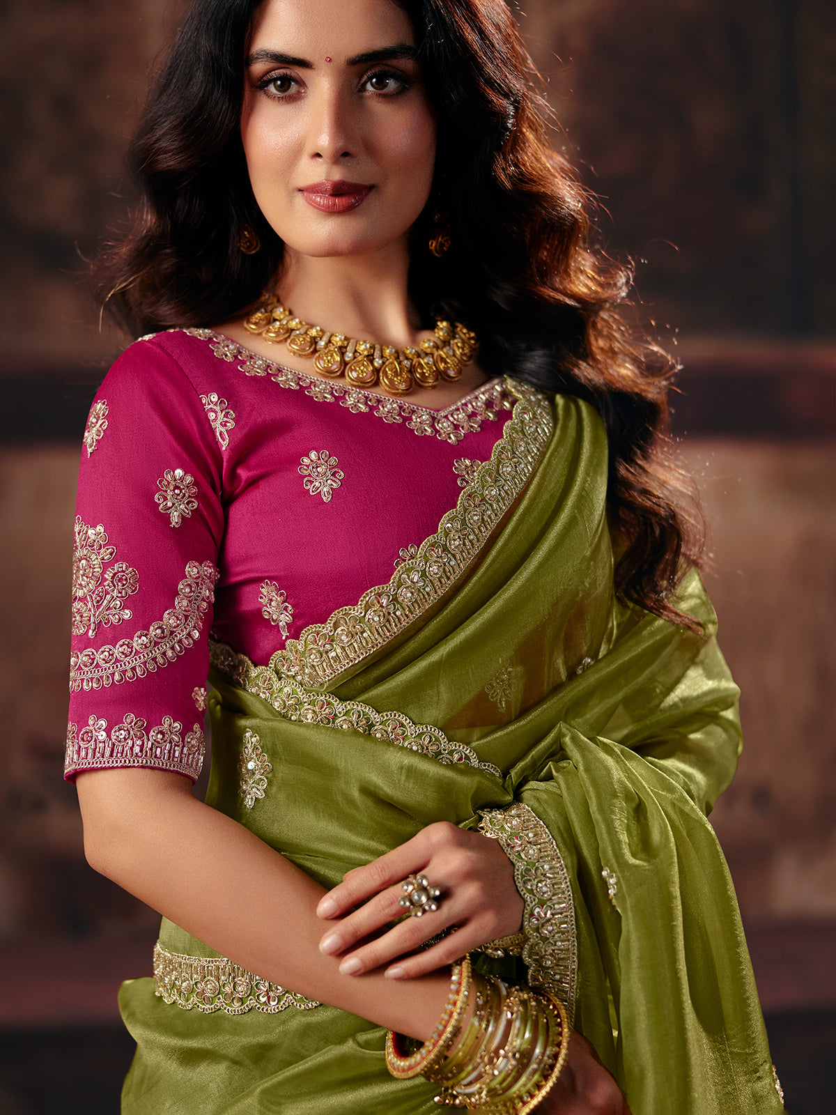 Green floral organza women saree with tassels