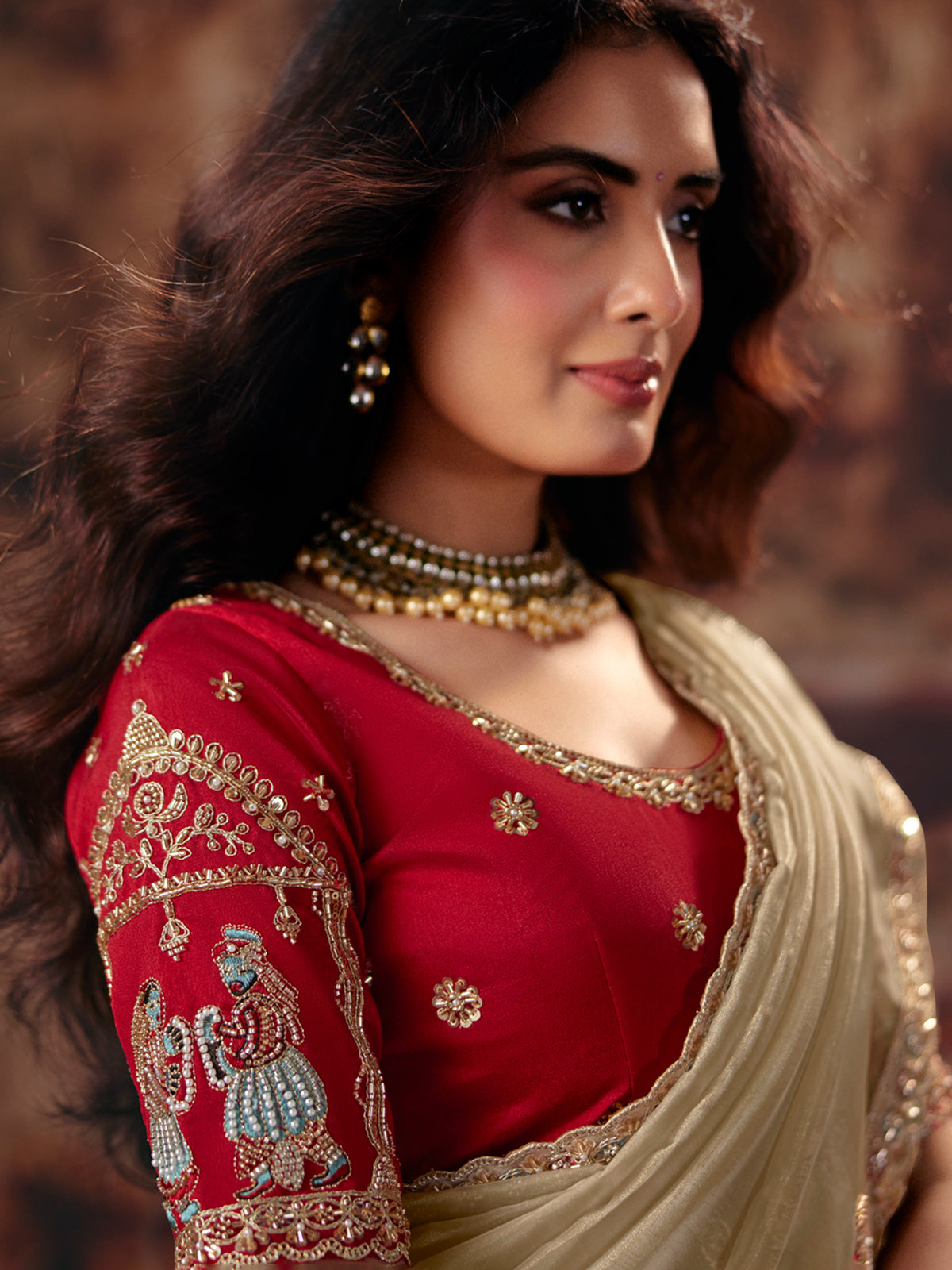 Beige embellished organza women saree with tassels