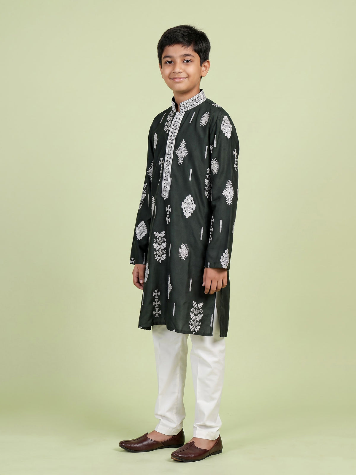 Olive green tribal geometric boys kurta suit
