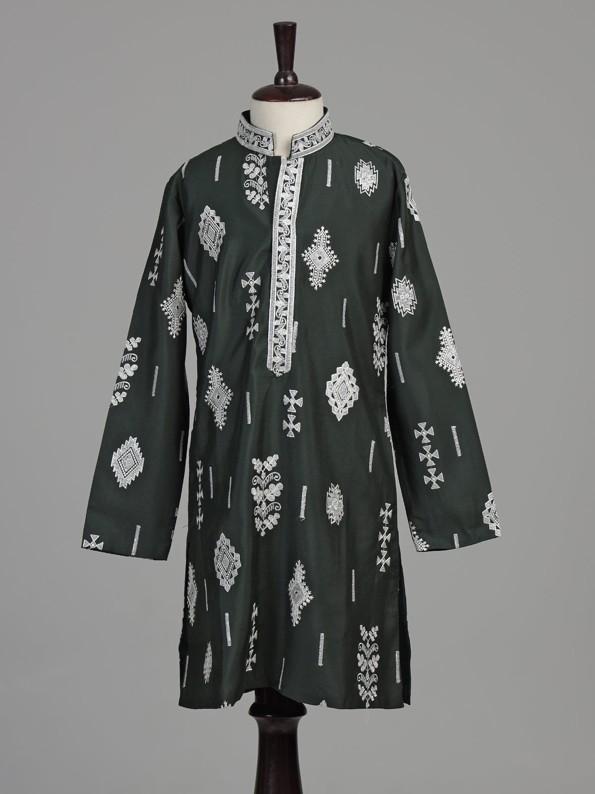 Olive green tribal geometric boys kurta suit