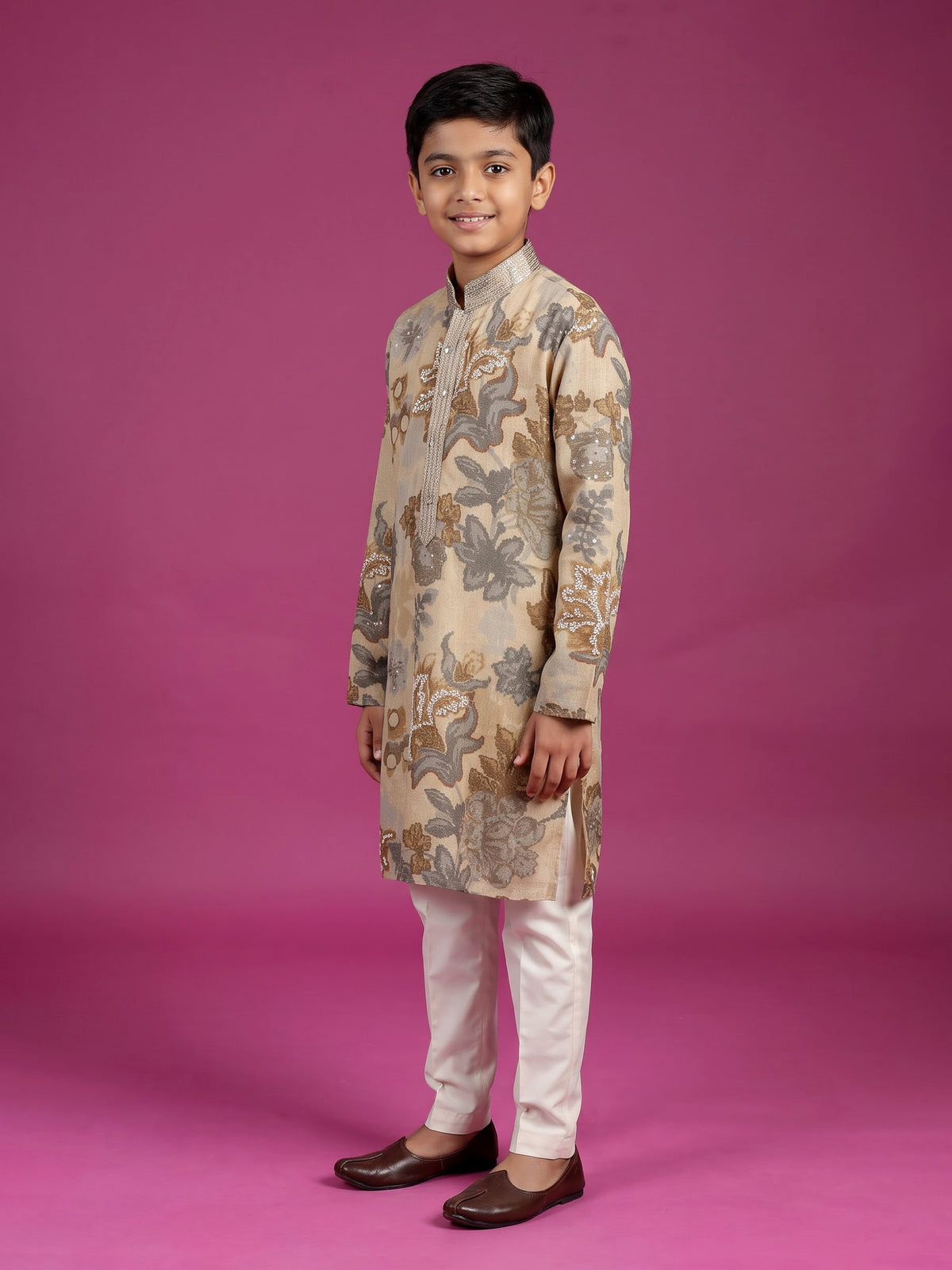 Beige baroque floral boys kurta suit