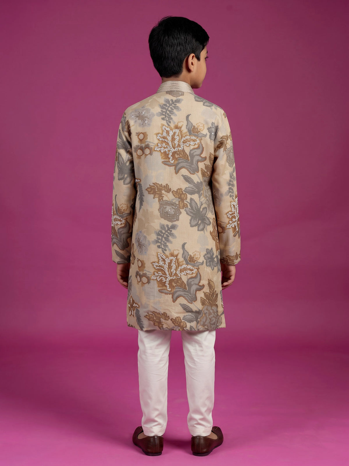 Beige baroque floral boys kurta suit
