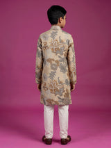 Beige baroque floral boys kurta suit