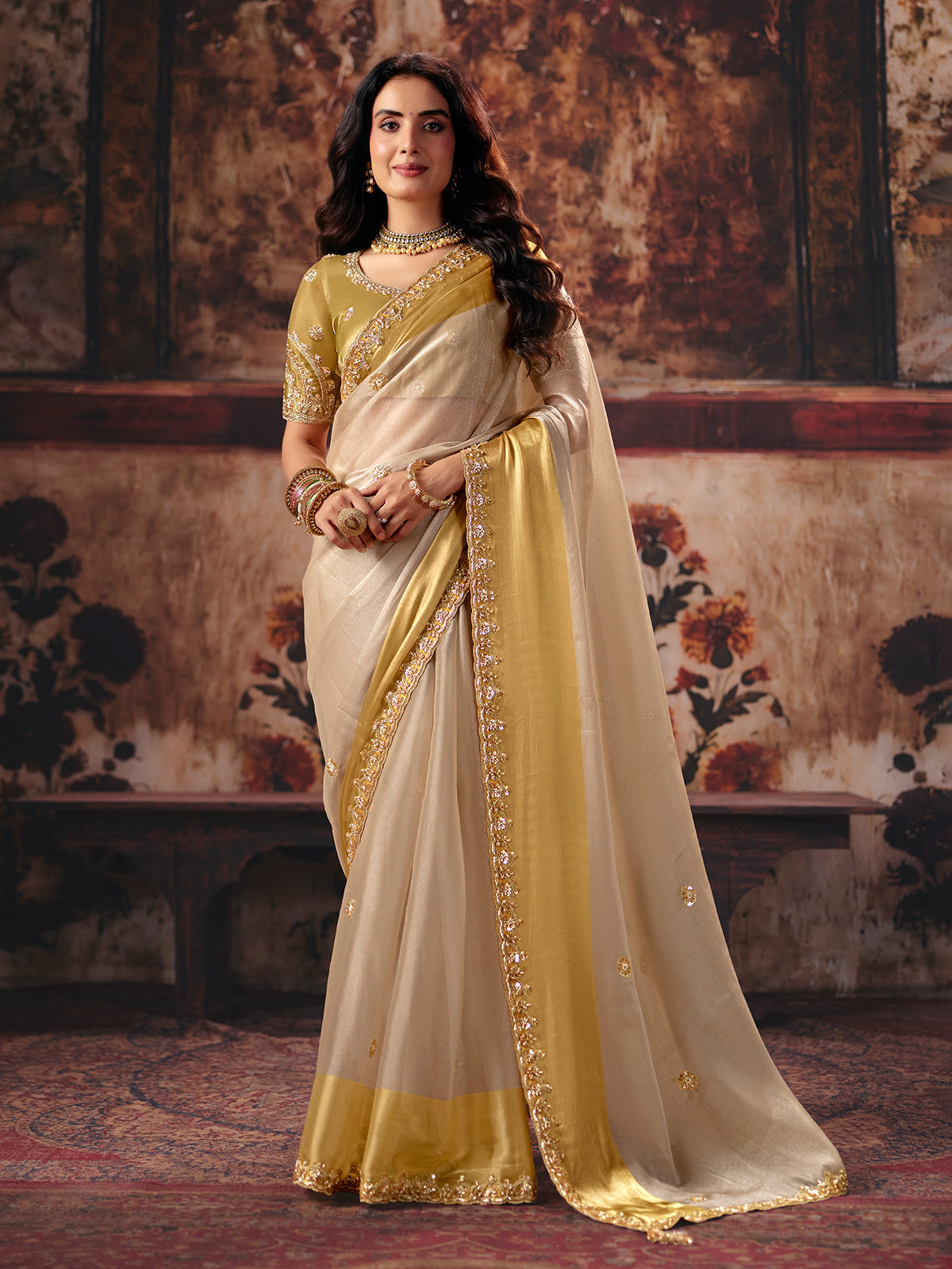 Beige yellow micro floral satin silk women saree