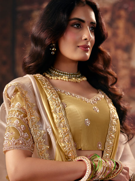 Beige yellow micro floral satin silk women saree