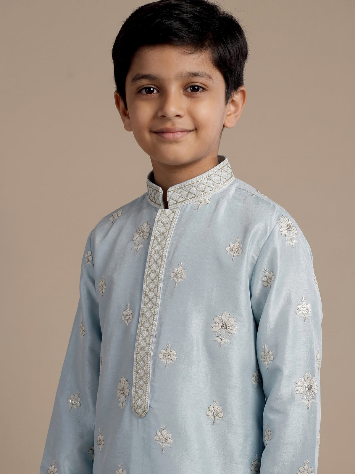 Sky blue floral medallion boys kurta suit