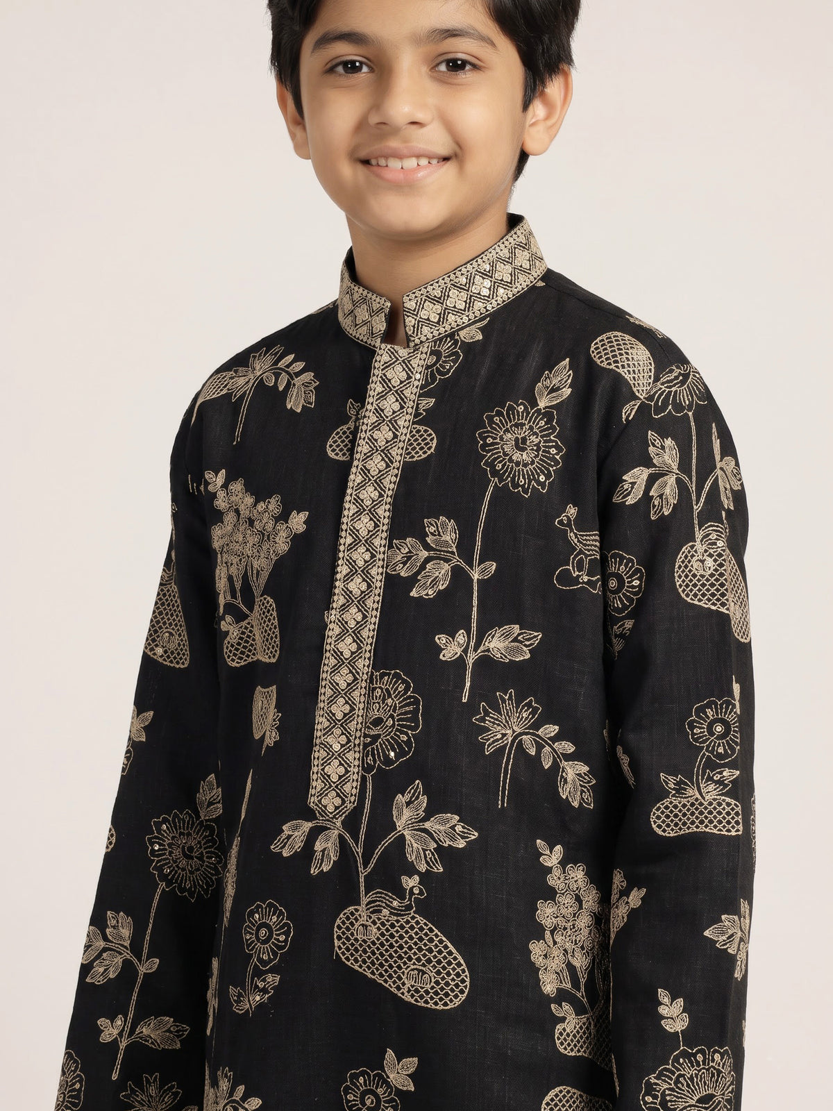 Black blooming tree embroidered boys kurta suit
