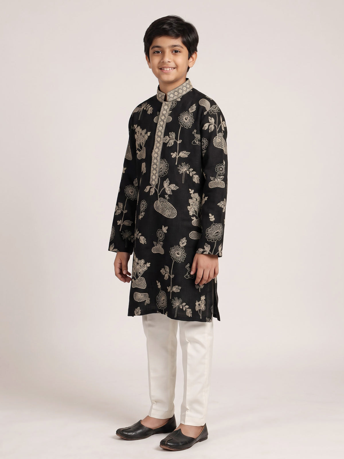 Black blooming tree embroidered boys kurta suit