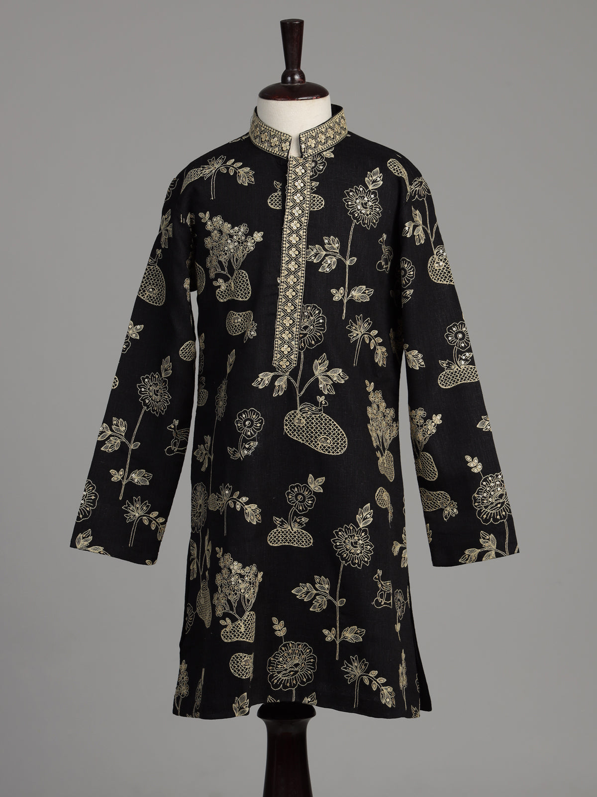 Black blooming tree embroidered boys kurta suit