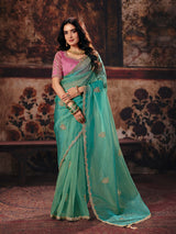 Mint blue embellished organza women saree