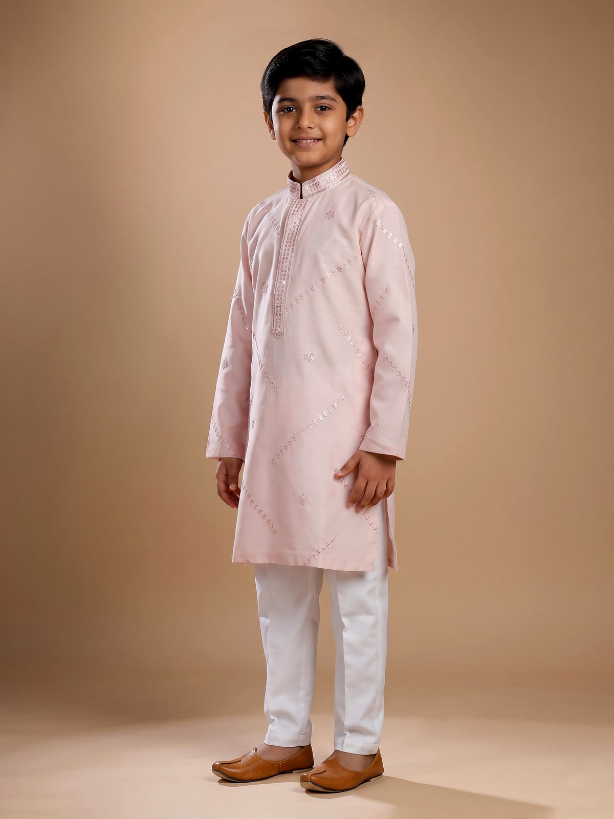 Peach leheriya embroidered boys kurta suit