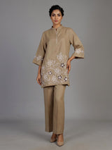 Khaki brown vine embroidery women co-ord set