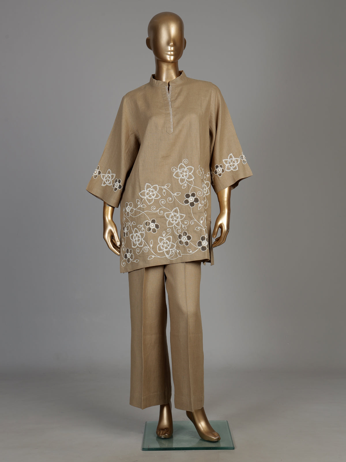 Khaki brown vine embroidery women co-ord set