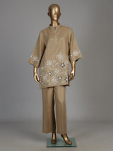 Khaki brown vine embroidery women co-ord set