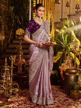 Lavender chevron peacock tissue silk women saree