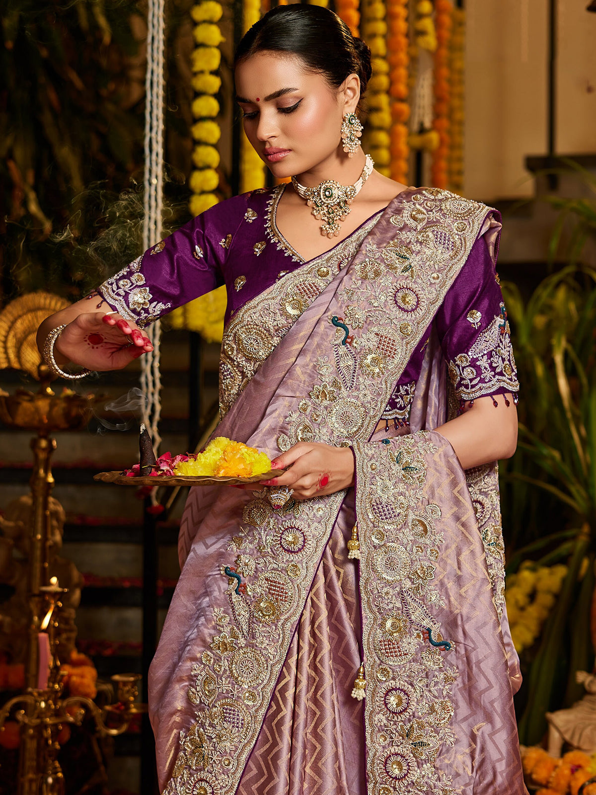 Lavender chevron peacock tissue silk women saree