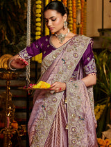 Lavender chevron peacock tissue silk women saree