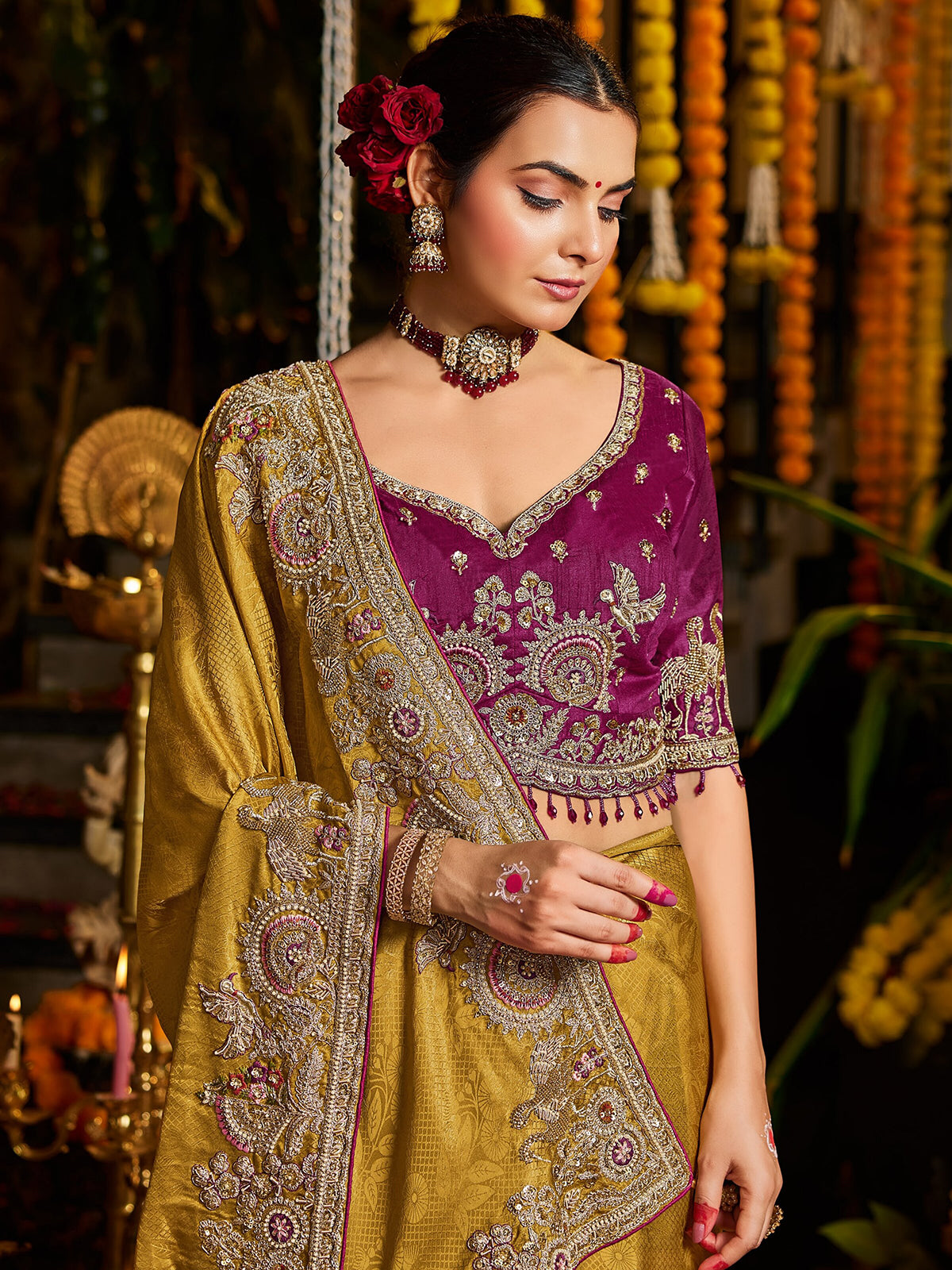 Mustard yellow bird motif tissue silk women saree