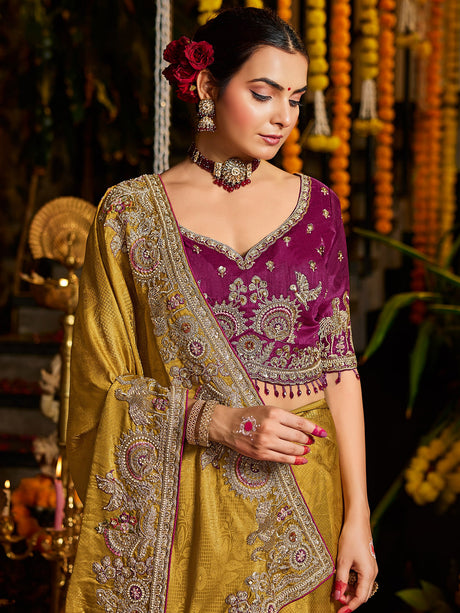 Mustard yellow bird motif tissue silk women saree