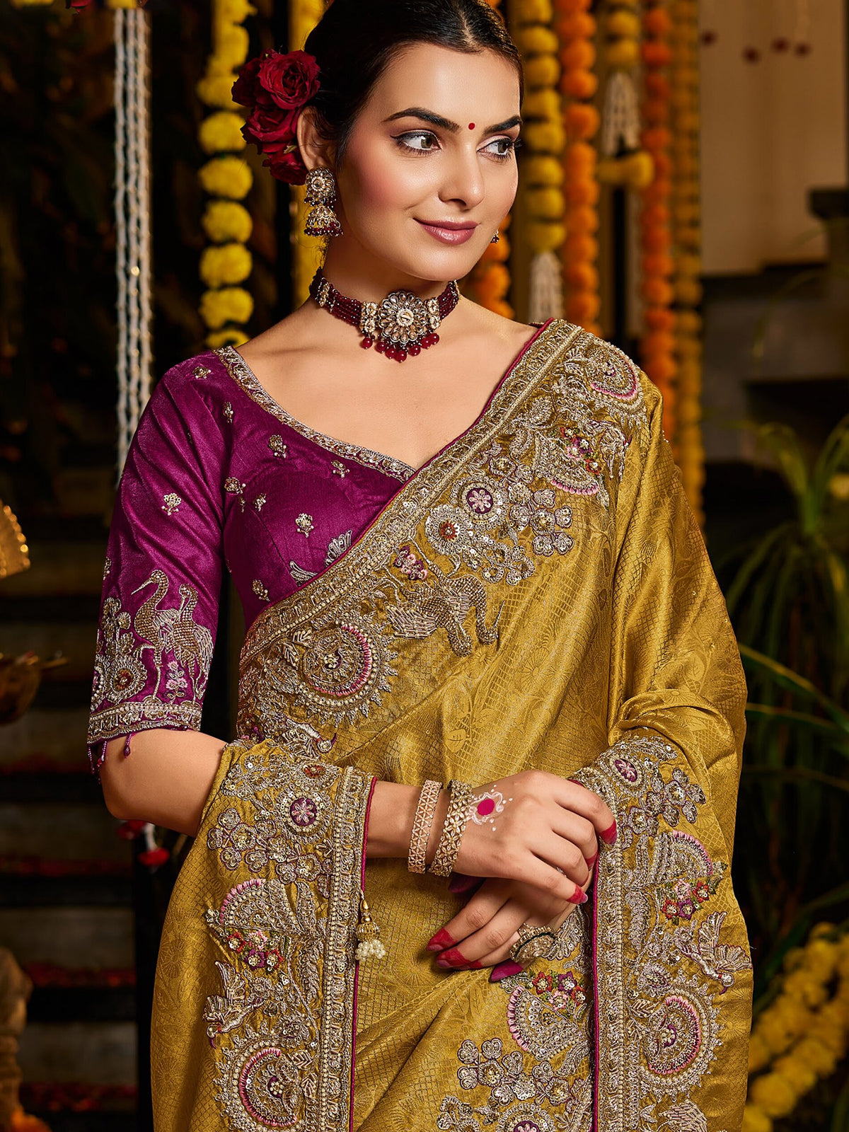 Mustard yellow bird motif tissue silk women saree