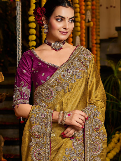 Mustard yellow bird motif tissue silk women saree