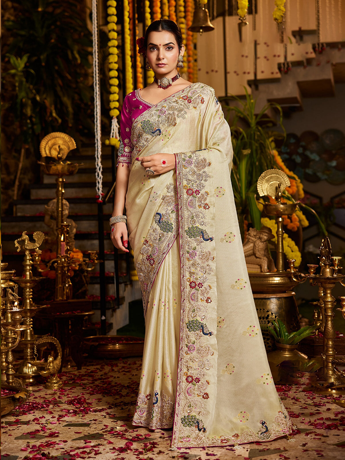 Cream floral medallion tissue silk women saree