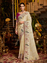 Cream floral medallion tissue silk women saree