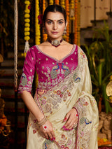 Cream floral medallion tissue silk women saree