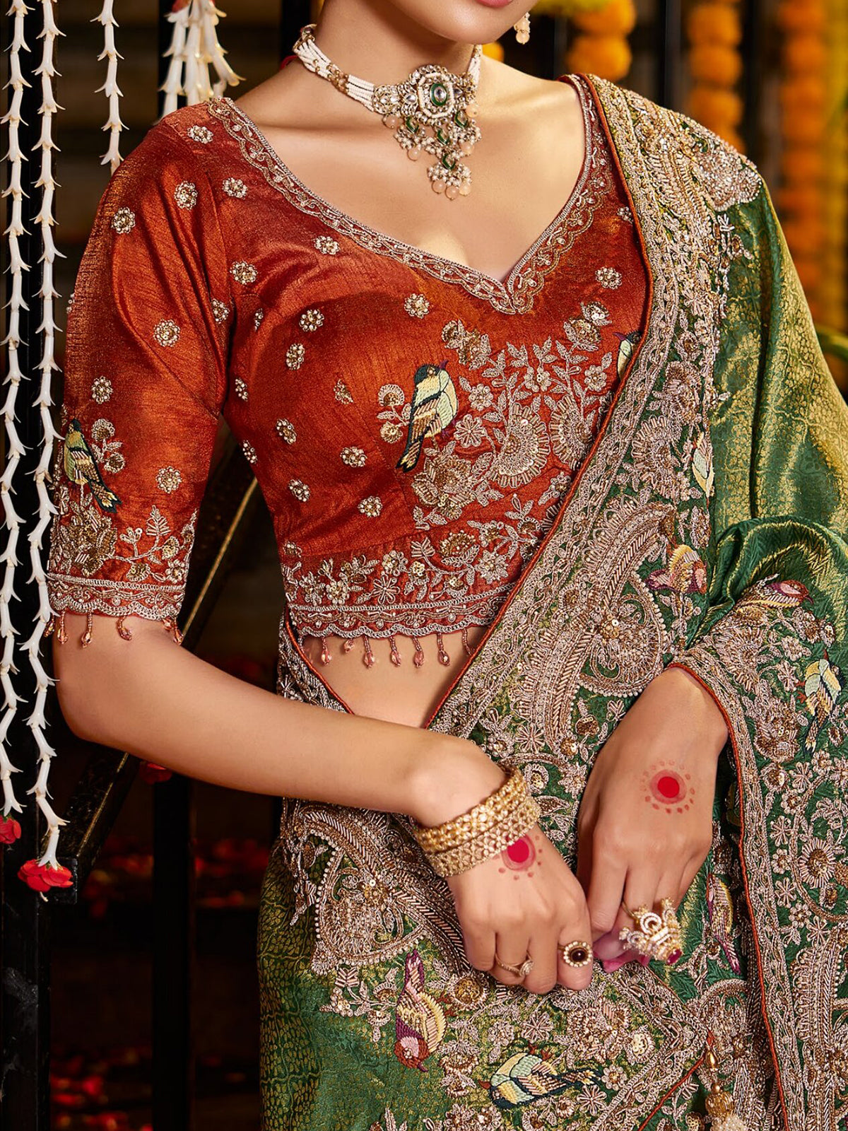 Green bird motif tissue silk women saree
