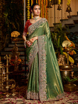 Green bird motif tissue silk women saree