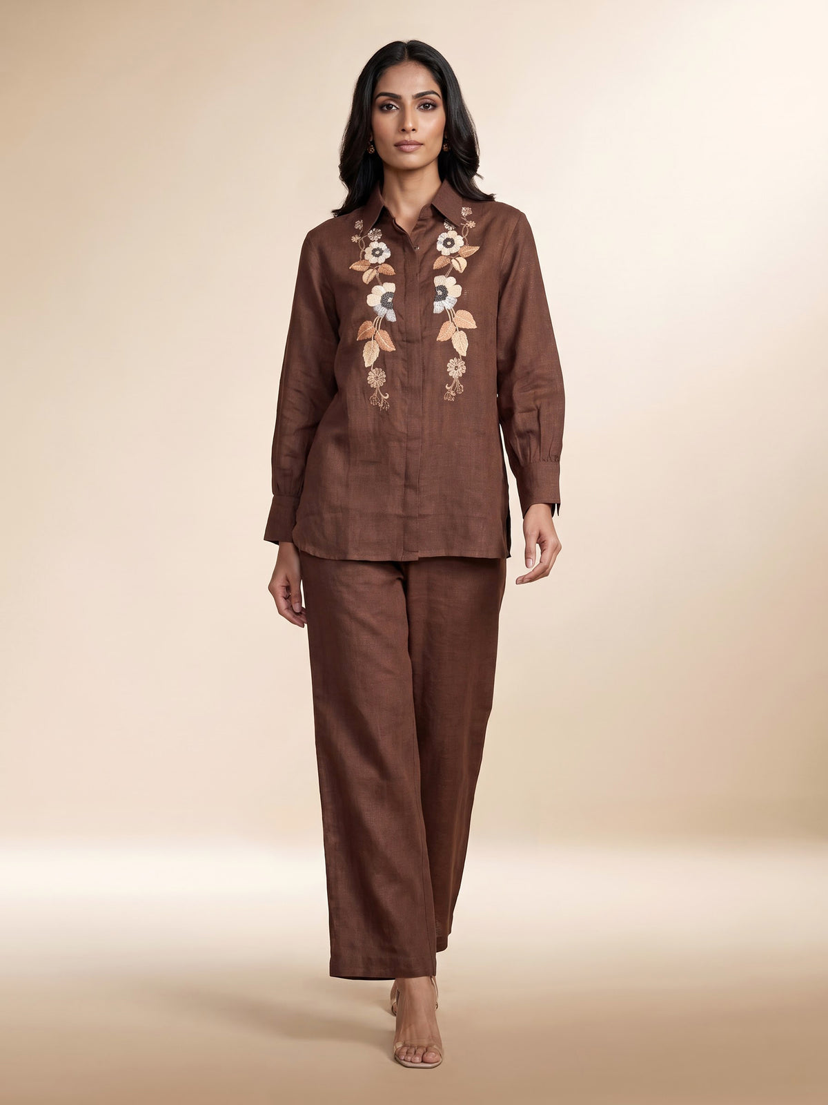 Brown wildflower shirt women co-ord set