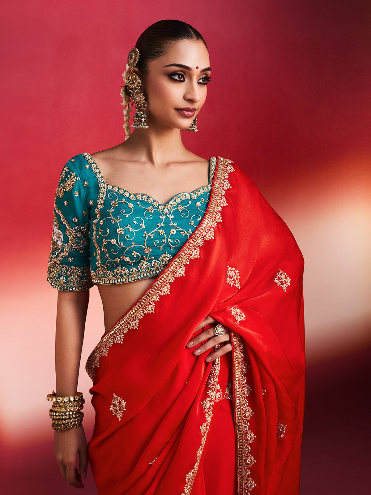 Red dazzling floral artistry crepe silk women saree