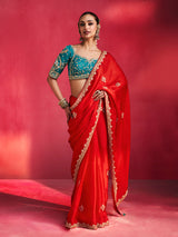 Red dazzling floral artistry crepe silk women saree