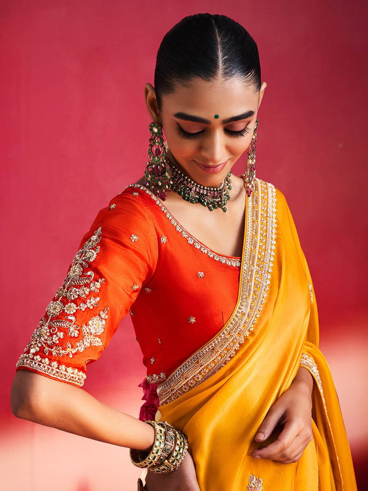 Yellow radiant celebration crepe silk women saree