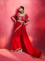 Red magnificent heritage motifs crepe silk women saree