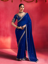 Navy blue regal sparkle crepe silk women saree