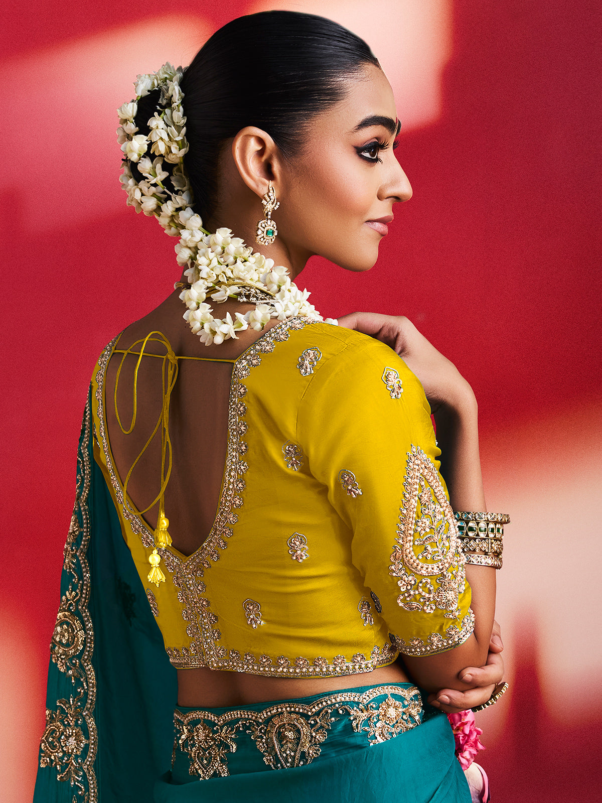 Teal blue exquisite detailing crepe silk women saree