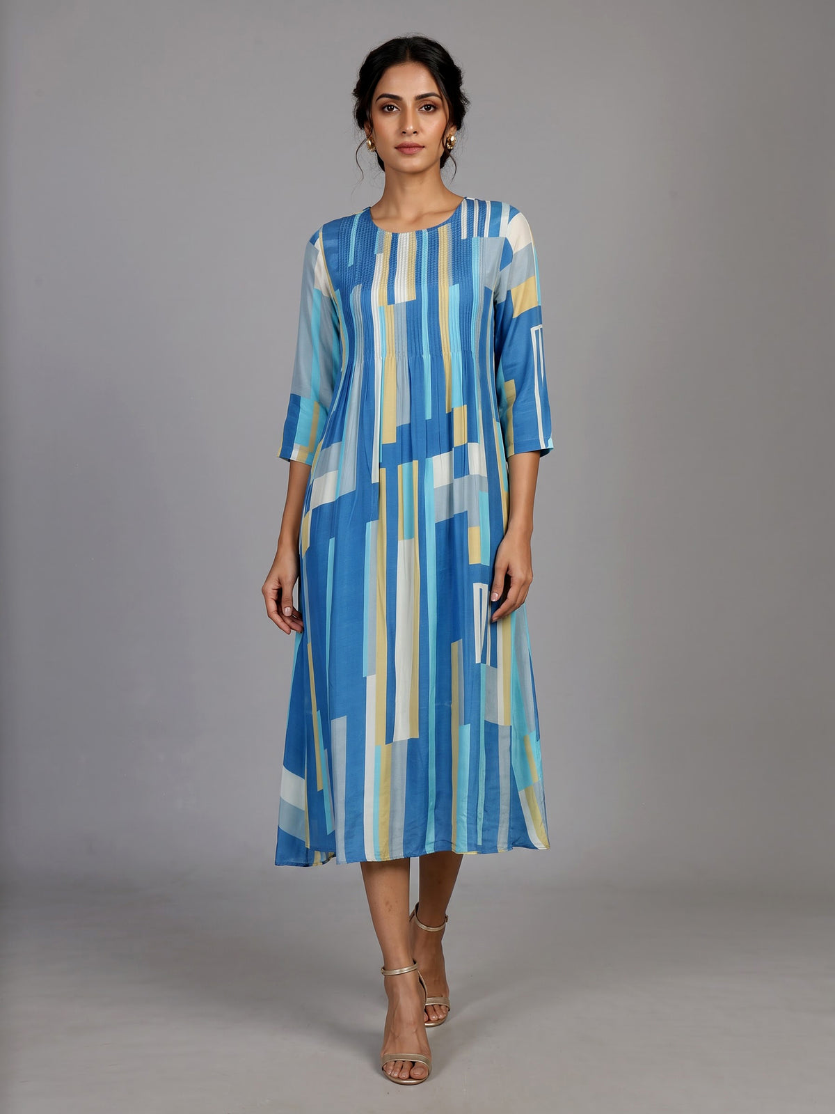 Sky blue geometric print women midi dress