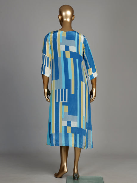 Sky blue geometric print women midi dress